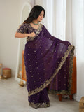 Premium Purple Embroidered Silk Marriage Wear Saree