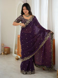 Premium Purple Embroidered Silk Marriage Wear Saree