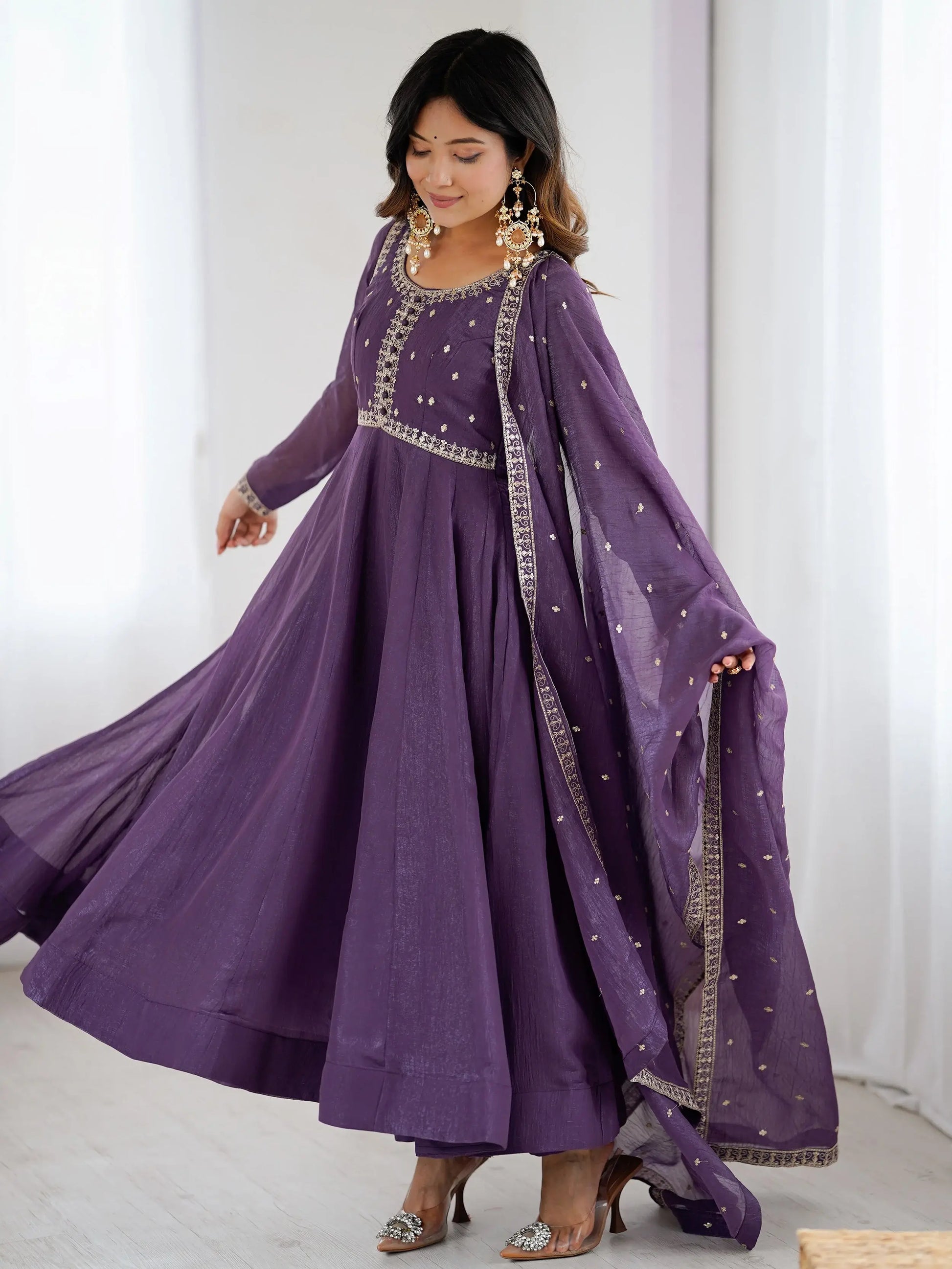 Gorgeous Purple Zari Embroidery Chanderi Event Wear Anarkali Gown With Dupatta