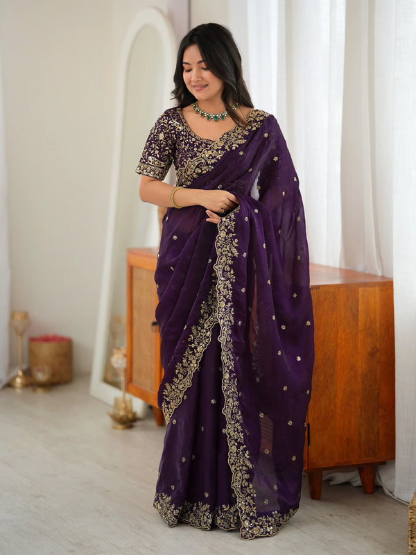 Premium Purple Embroidered Silk Marriage Wear Saree