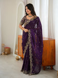 Premium Purple Embroidered Silk Marriage Wear Saree
