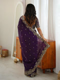 Premium Purple Embroidered Silk Marriage Wear Saree