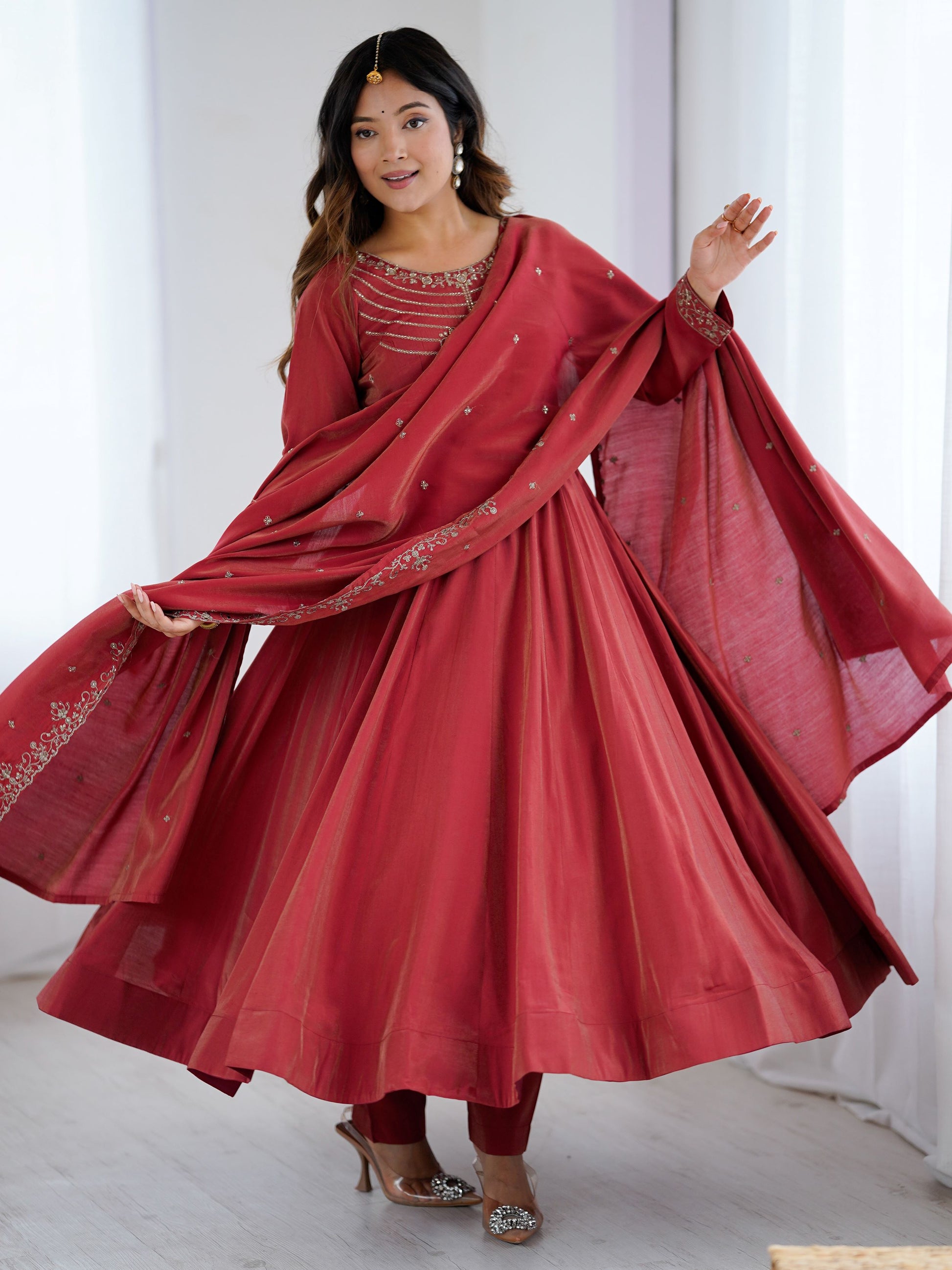 Stunning Maroon Bead Work Chanderi Silk Wedding Wear Anarkali Suit With Dupatta