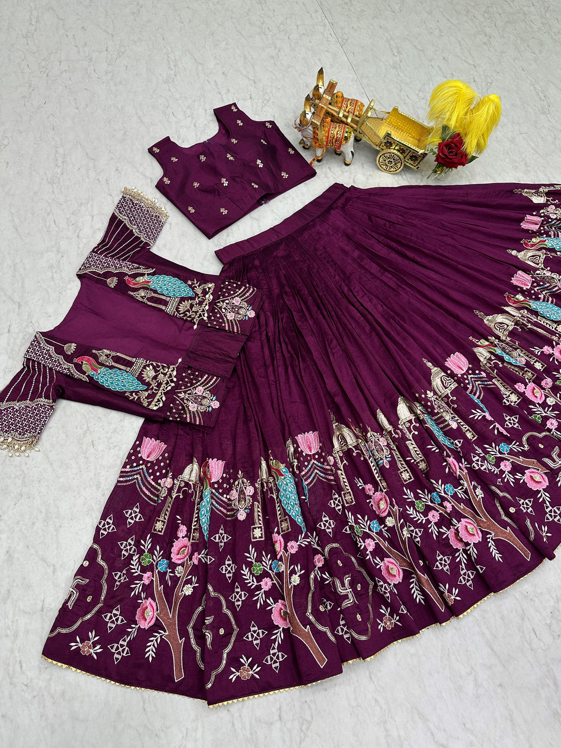 Marvelous Wine Havey Embroidery Silk Wedding Wear Lehenga Choli With Koti