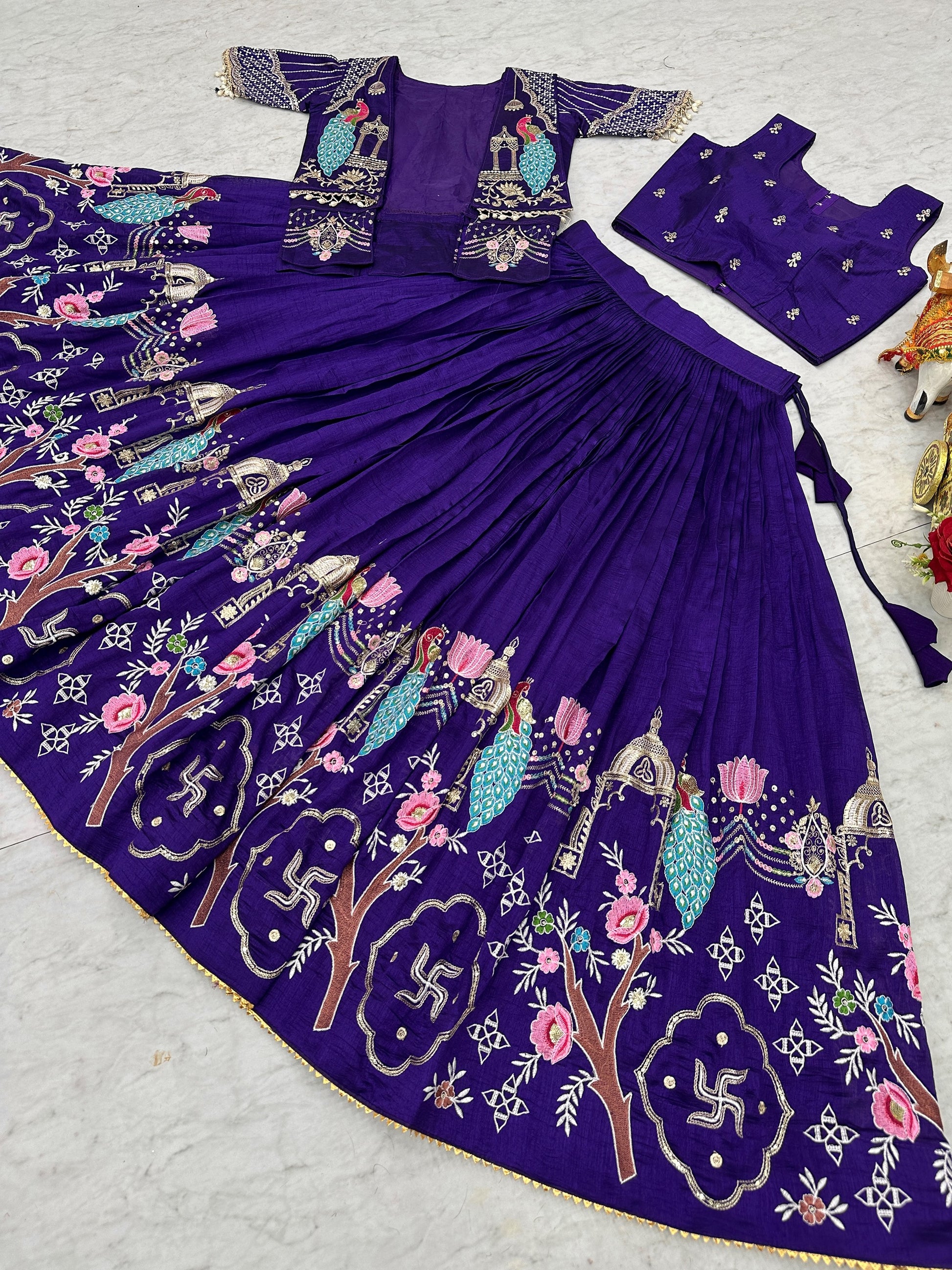Fantastic Purple Thread Embroidery Silk Festive Wear Lehenga Choli With Koti