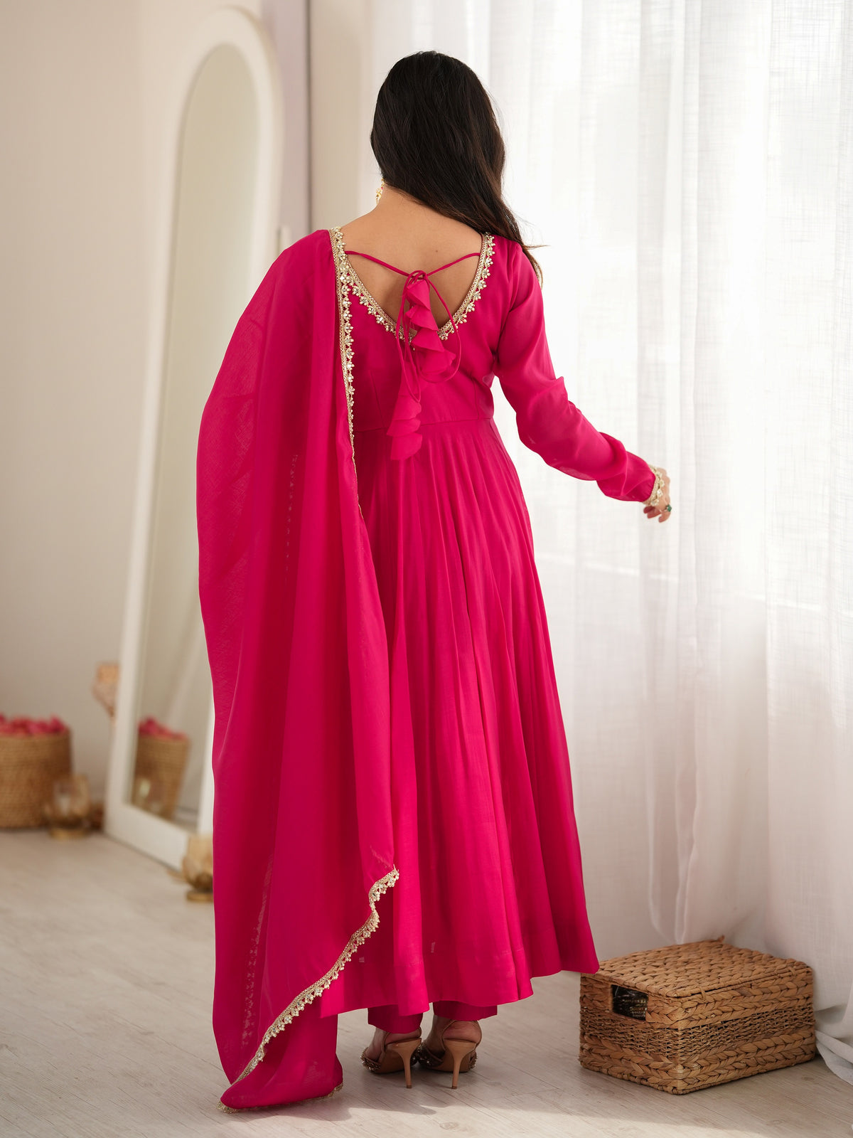 Radiant Rani Pink Mirror Laced Chanderi Festive Wear Anarkali Gown