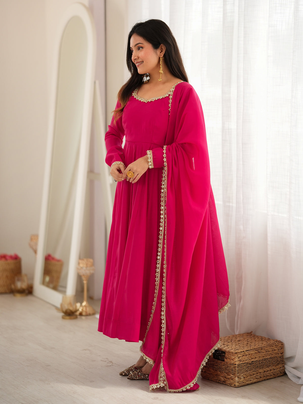 Radiant Rani Pink Mirror Laced Chanderi Festive Wear Anarkali Gown