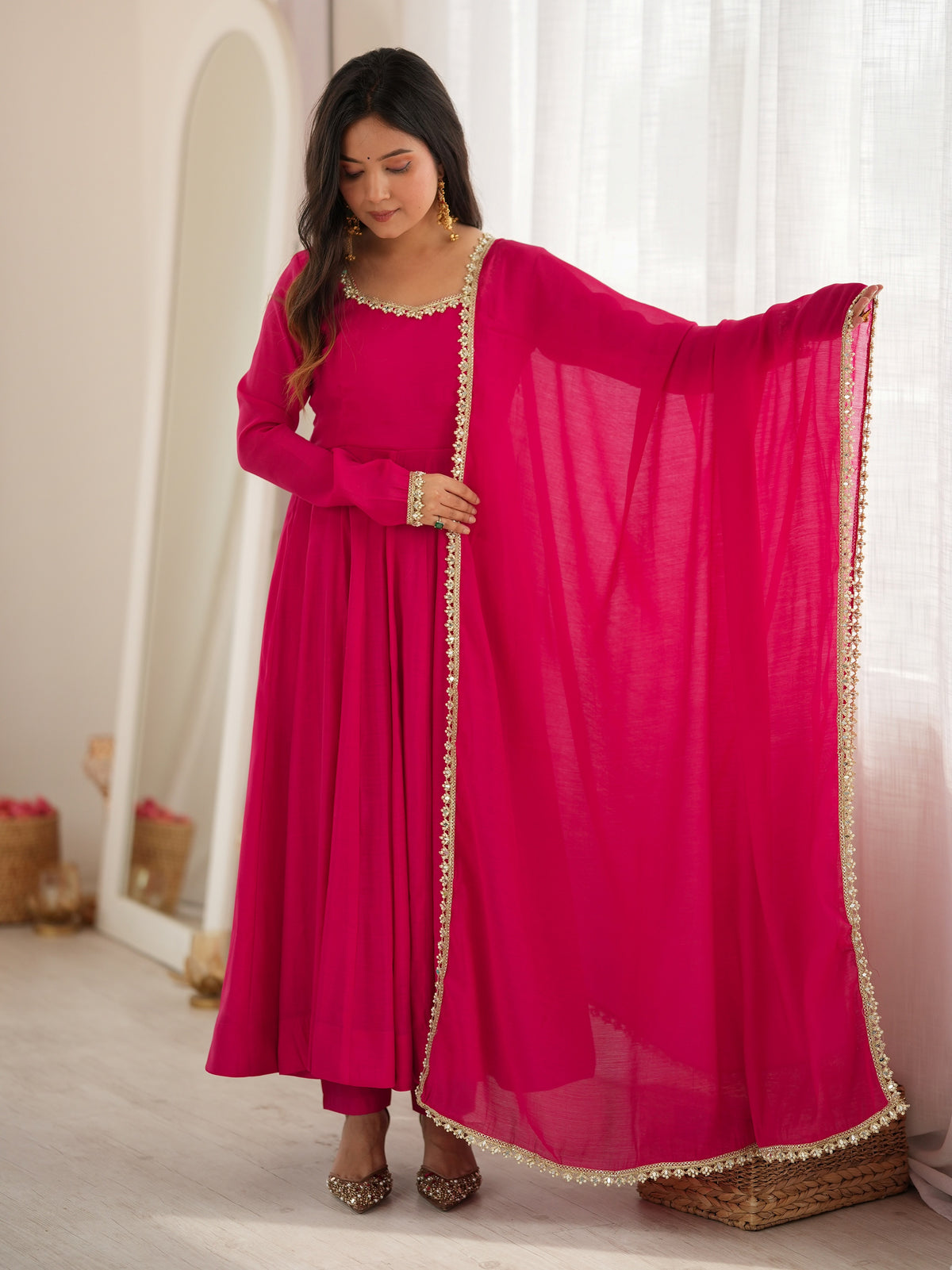 Radiant Rani Pink Mirror Laced Chanderi Festive Wear Anarkali Gown