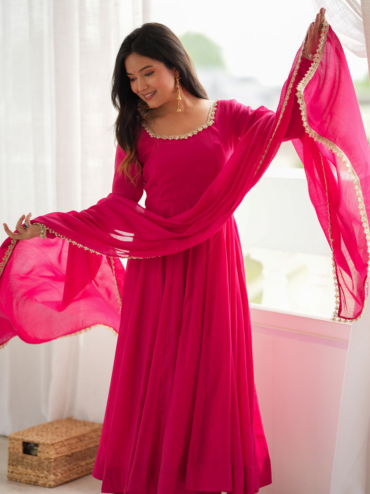 Radiant Rani Pink Mirror Laced Chanderi Festive Wear Anarkali Gown