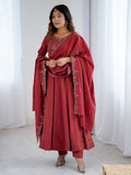 Stunning Maroon Bead Work Chanderi Silk Wedding Wear Anarkali Suit With Dupatta