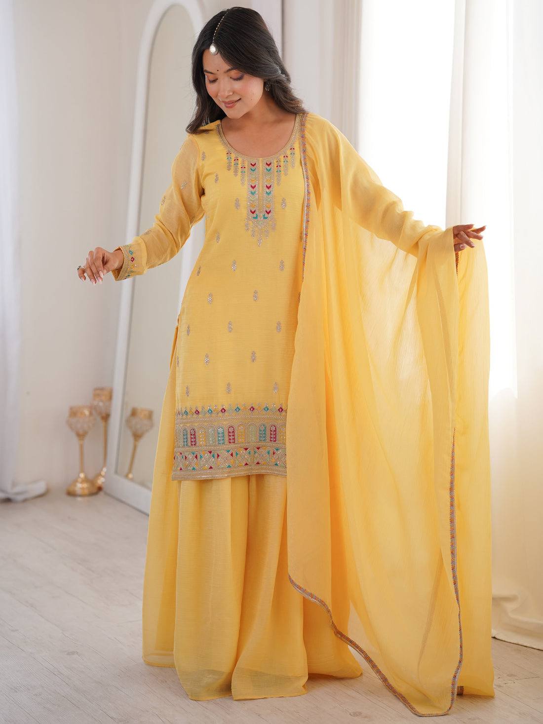 Majestic Yellow Dori Embroidered Haldi Wear Sharara Suit With Dupatta