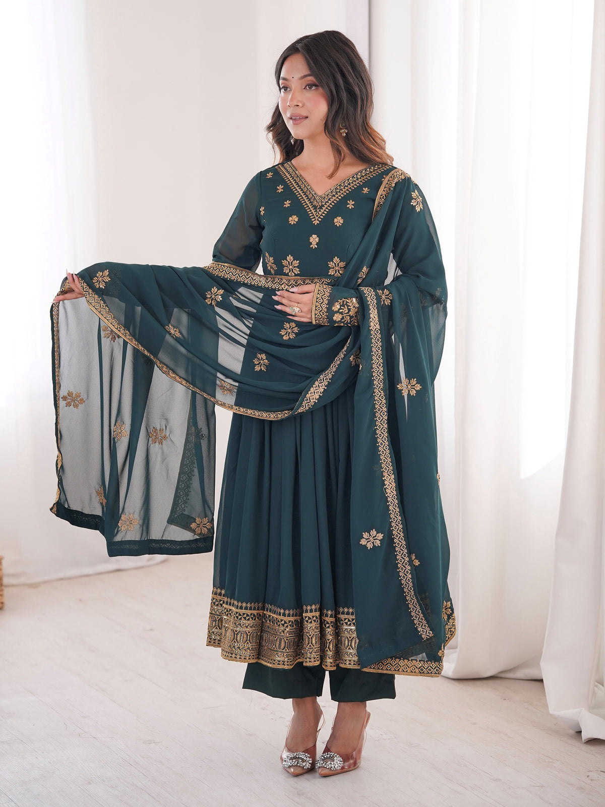 Regal Teal Blue Embroidered Georgette Wedding Wear Anarkali Suit