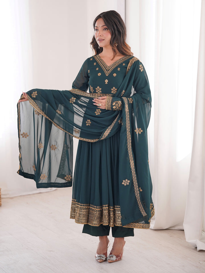 Regal Teal Blue Embroidered Georgette Wedding Wear Anarkali Suit