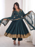 Regal Teal Blue Embroidered Georgette Wedding Wear Anarkali Suit