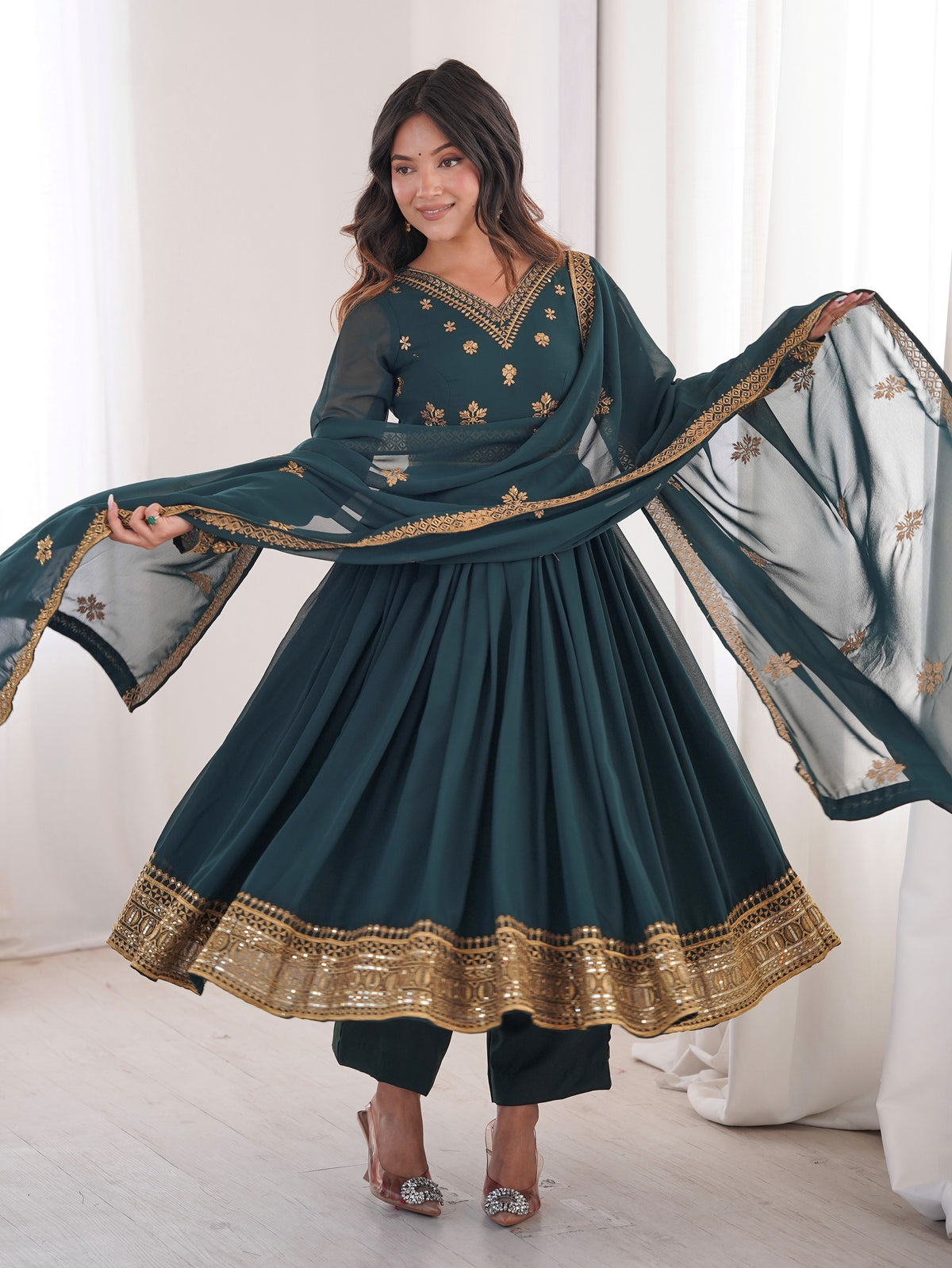 Regal Teal Blue Embroidered Georgette Wedding Wear Anarkali Suit