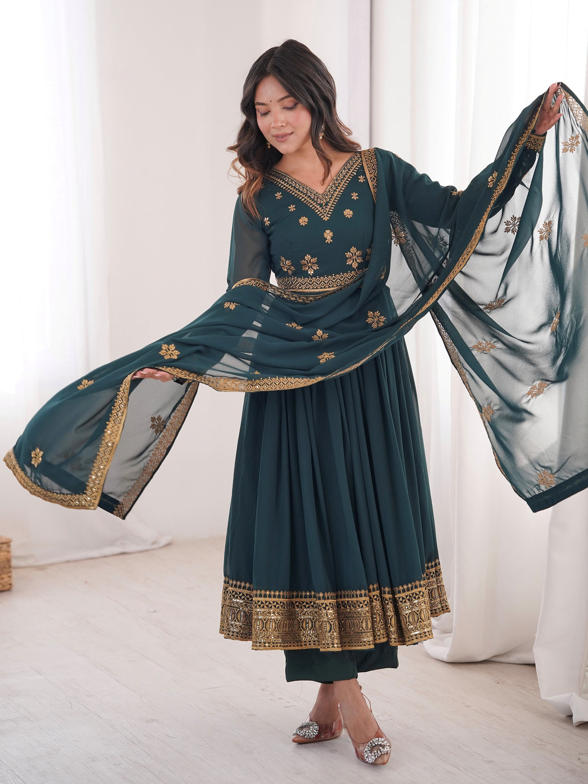 Regal Teal Blue Embroidered Georgette Wedding Wear Anarkali Suit