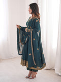 Regal Teal Blue Embroidered Georgette Wedding Wear Anarkali Suit
