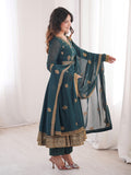 Regal Teal Blue Embroidered Georgette Wedding Wear Anarkali Suit