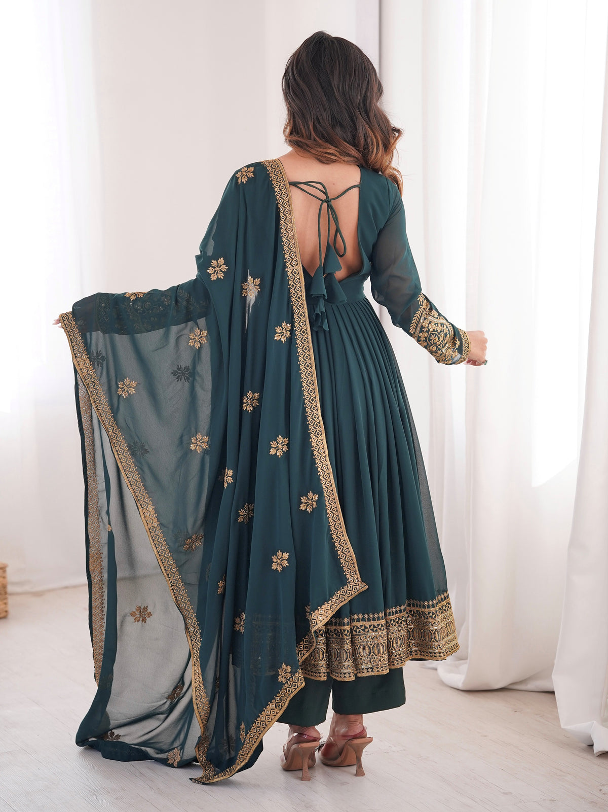 Regal Teal Blue Embroidered Georgette Wedding Wear Anarkali Suit