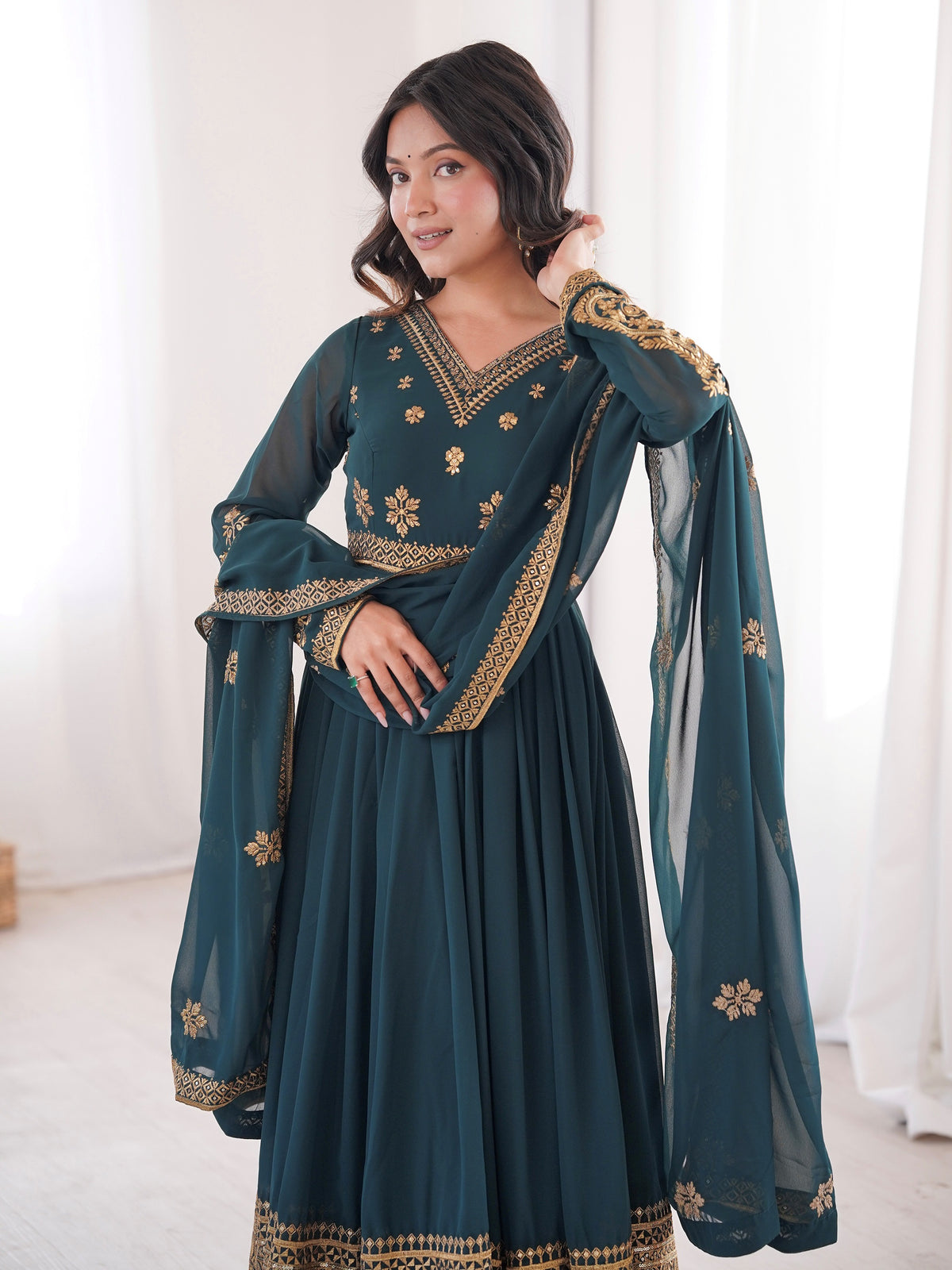 Regal Teal Blue Embroidered Georgette Wedding Wear Anarkali Suit