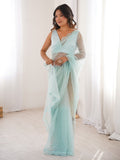 Beautiful Sky Blue Sequins Work Net Wedding Wear Saree With Blouse