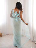 Beautiful Sky Blue Sequins Work Net Wedding Wear Saree With Blouse