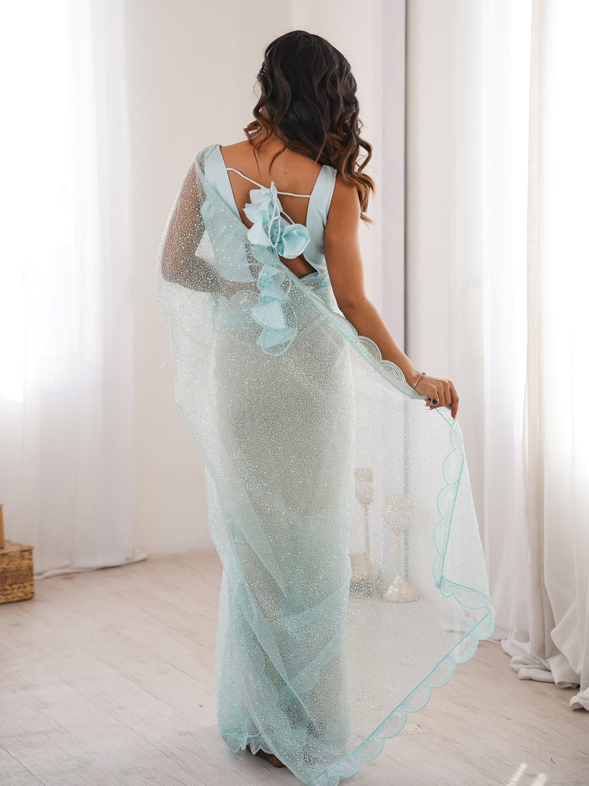 Beautiful Sky Blue Sequins Work Net Wedding Wear Saree With Blouse