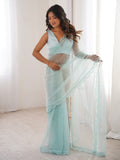 Beautiful Sky Blue Sequins Work Net Wedding Wear Saree With Blouse
