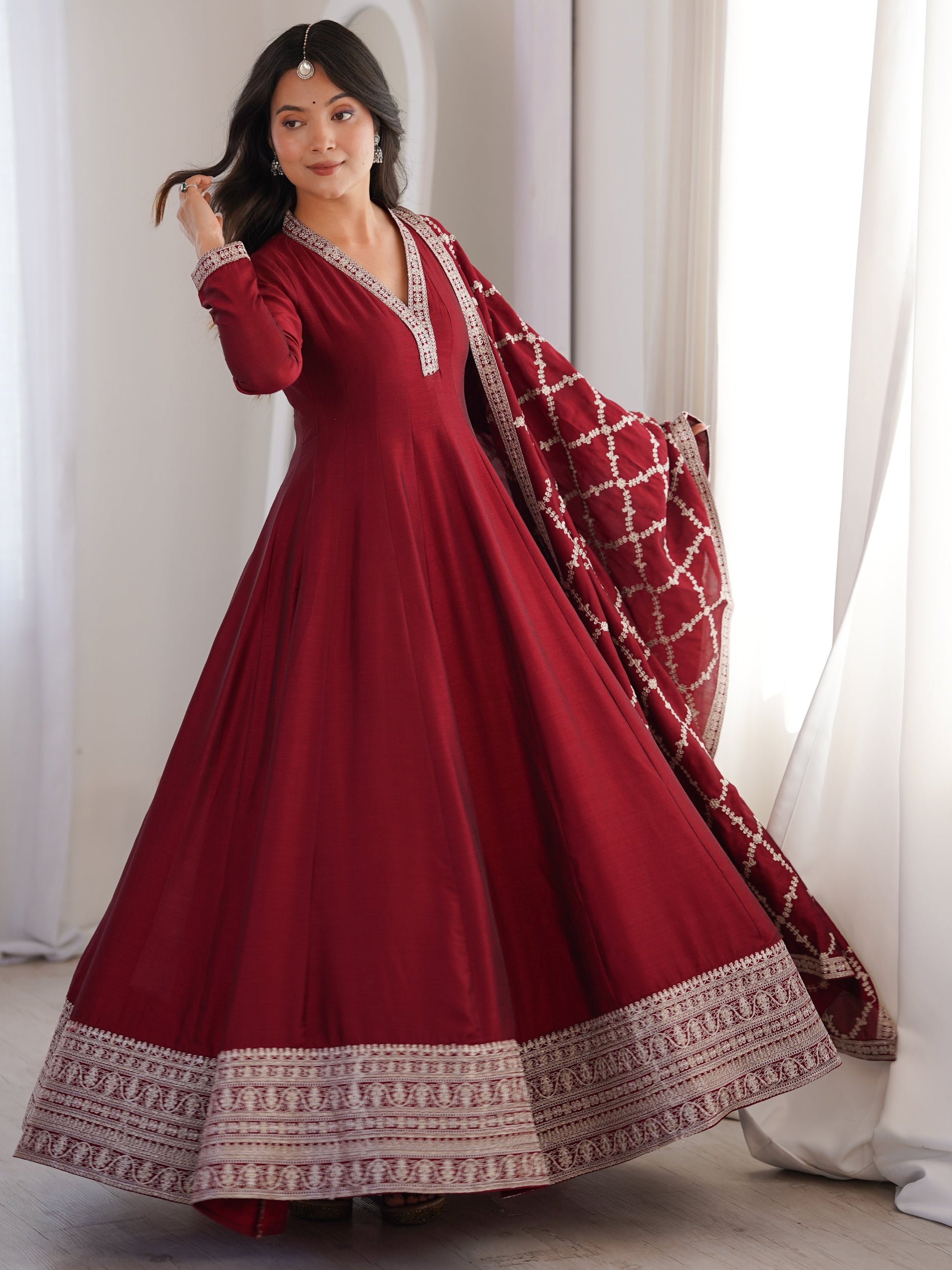 Lovable Maroon Zari Embroidered Silk Wedding Wear Anarkali Gown With Dupatta