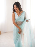 Beautiful Sky Blue Sequins Work Net Wedding Wear Saree With Blouse