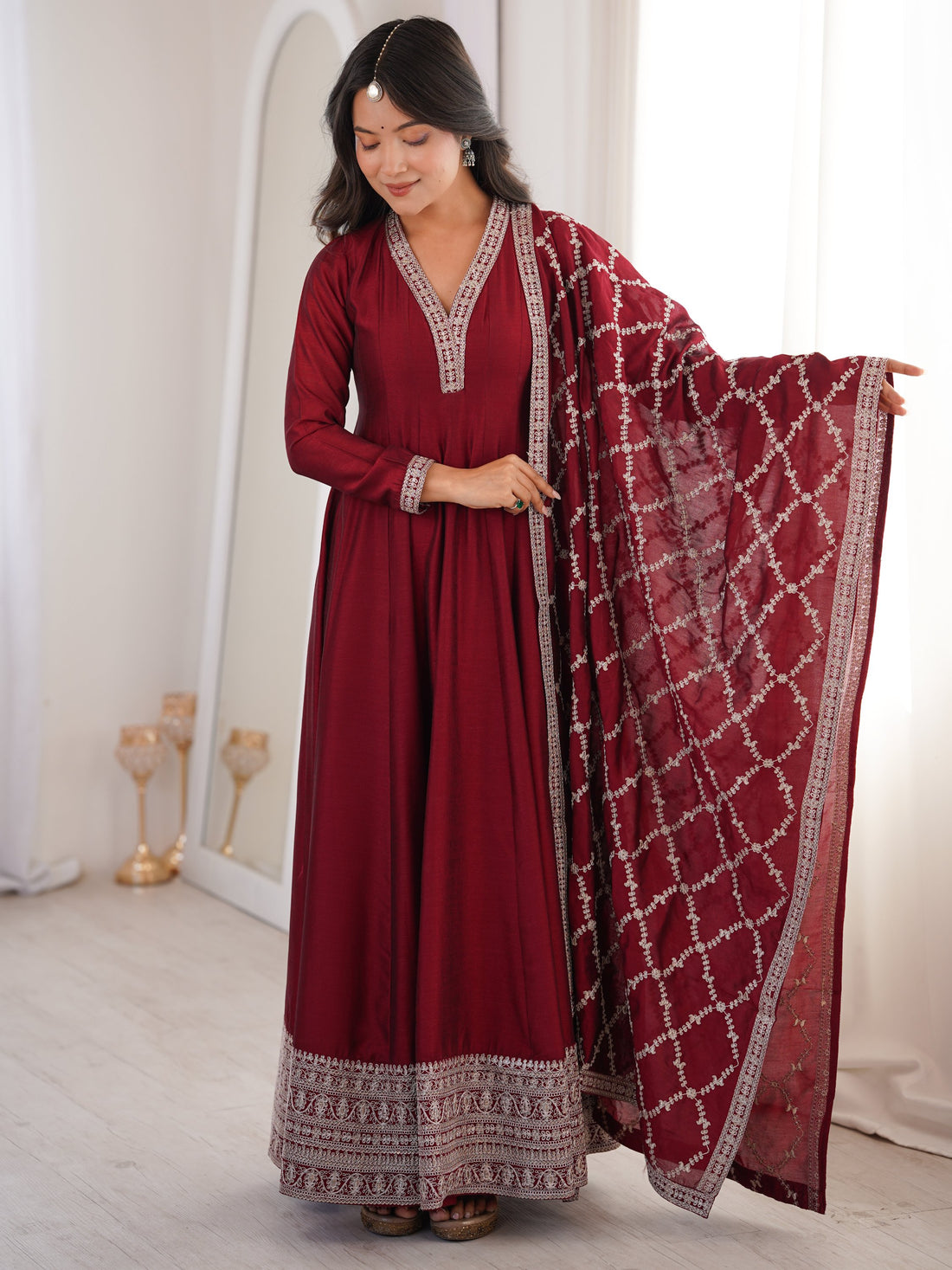 Lovable Maroon Zari Embroidered Silk Wedding Wear Anarkali Gown With Dupatta