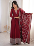 Lovable Maroon Zari Embroidered Silk Wedding Wear Anarkali Gown With Dupatta