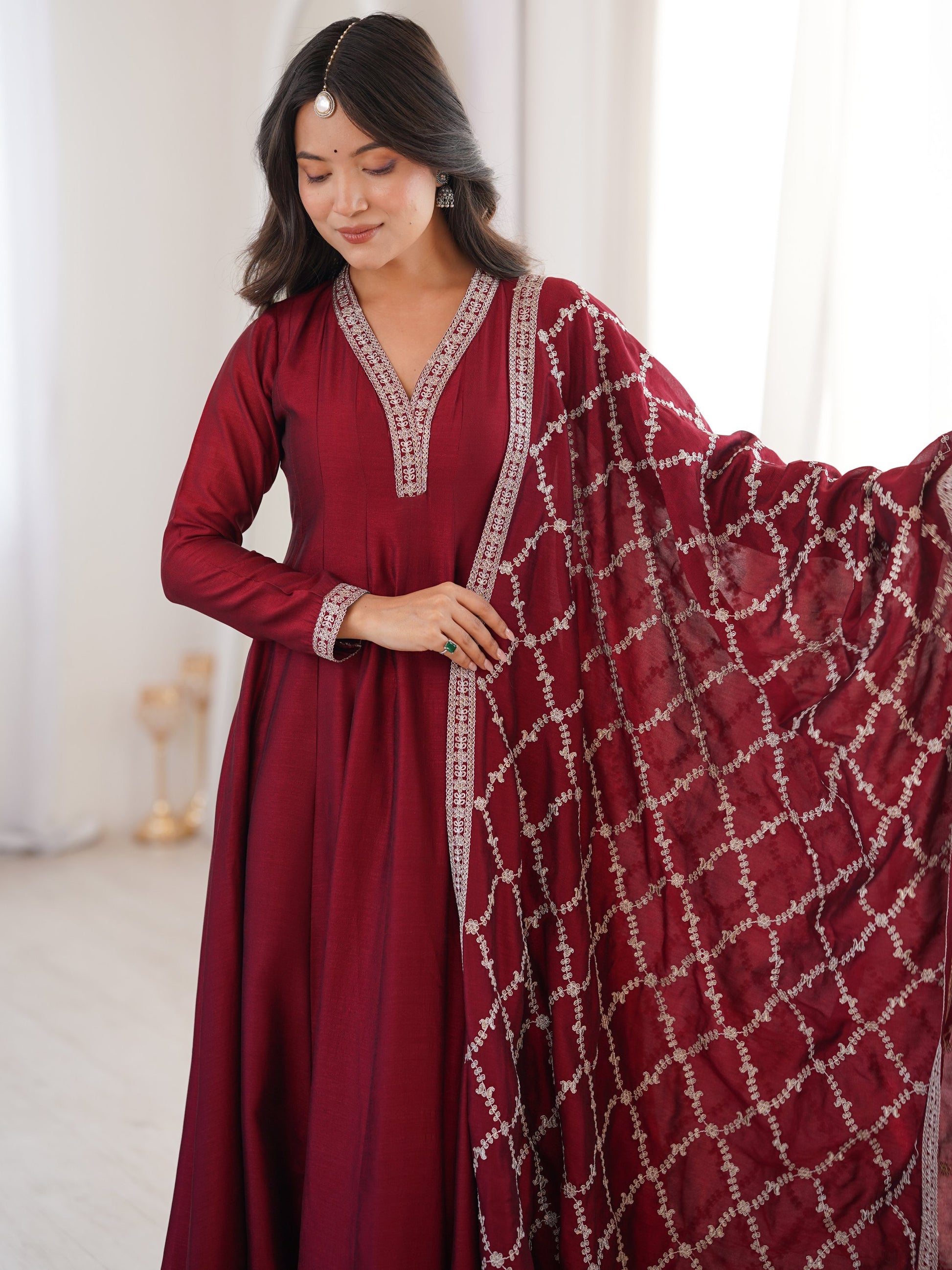 Lovable Maroon Zari Embroidered Silk Wedding Wear Anarkali Gown With Dupatta