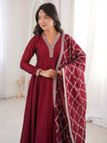Lovable Maroon Zari Embroidered Silk Wedding Wear Anarkali Gown With Dupatta