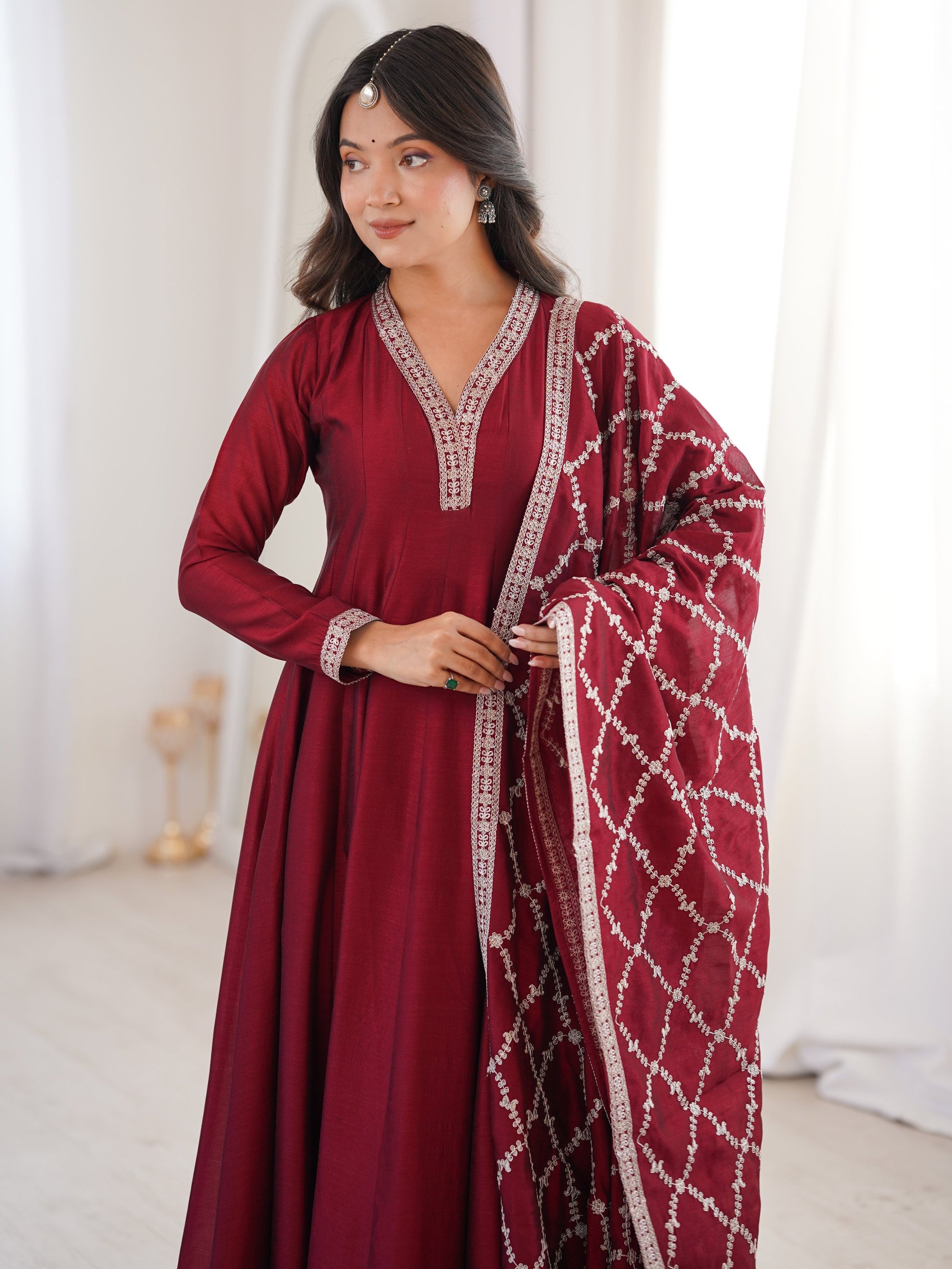 Lovable Maroon Zari Embroidered Silk Wedding Wear Anarkali Gown With Dupatta