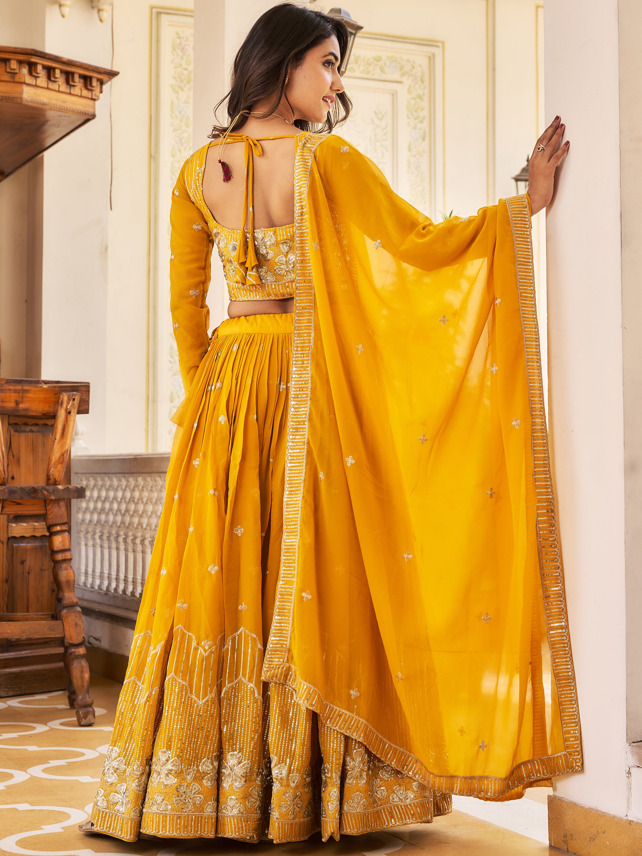 Shop Yellow Embroidered Georgette Lehenga Choli Online At Zeel Clothing