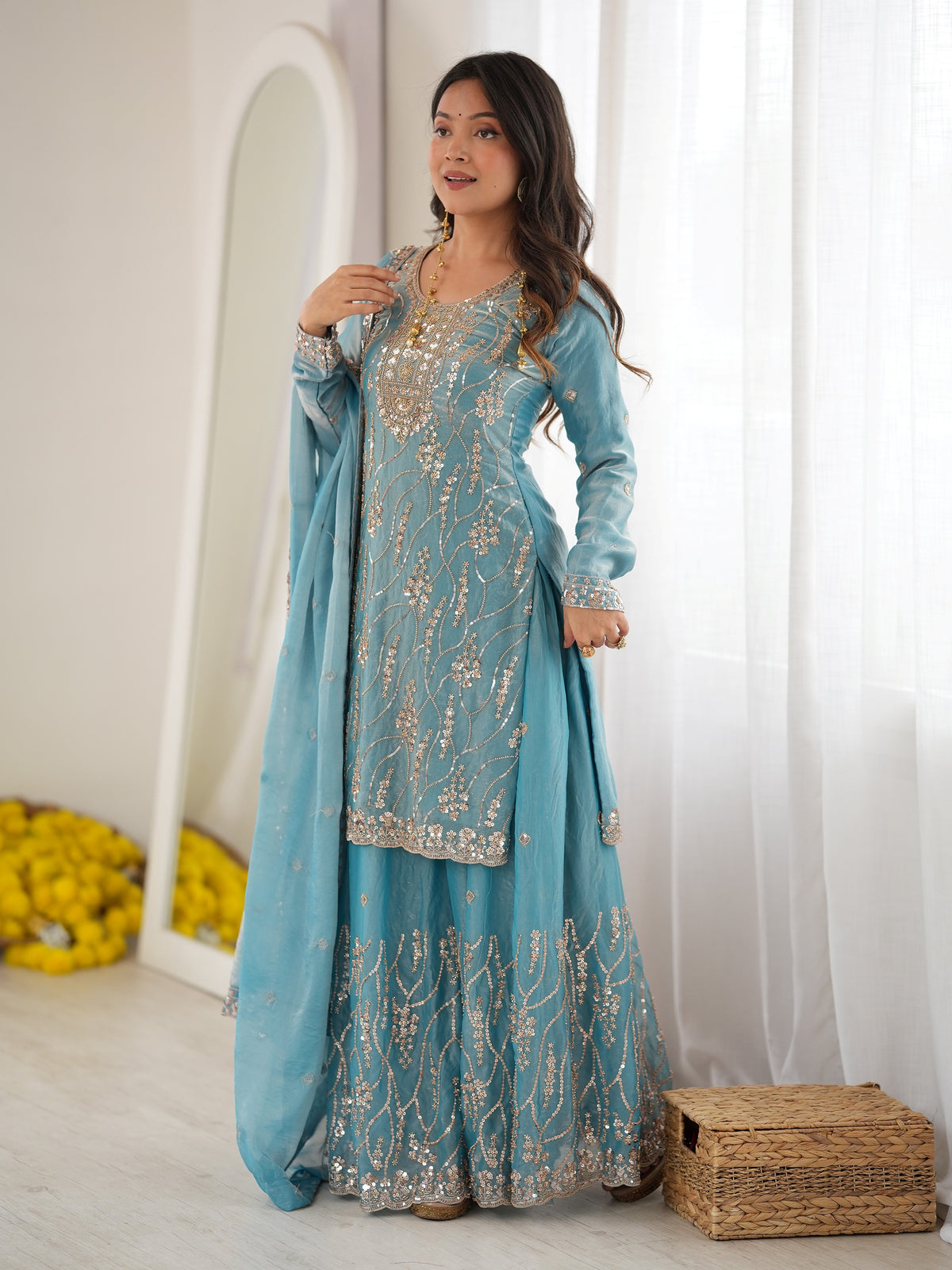 Sparkling Sky Blue Beads Work Silk Festive Wear Sharara Suit