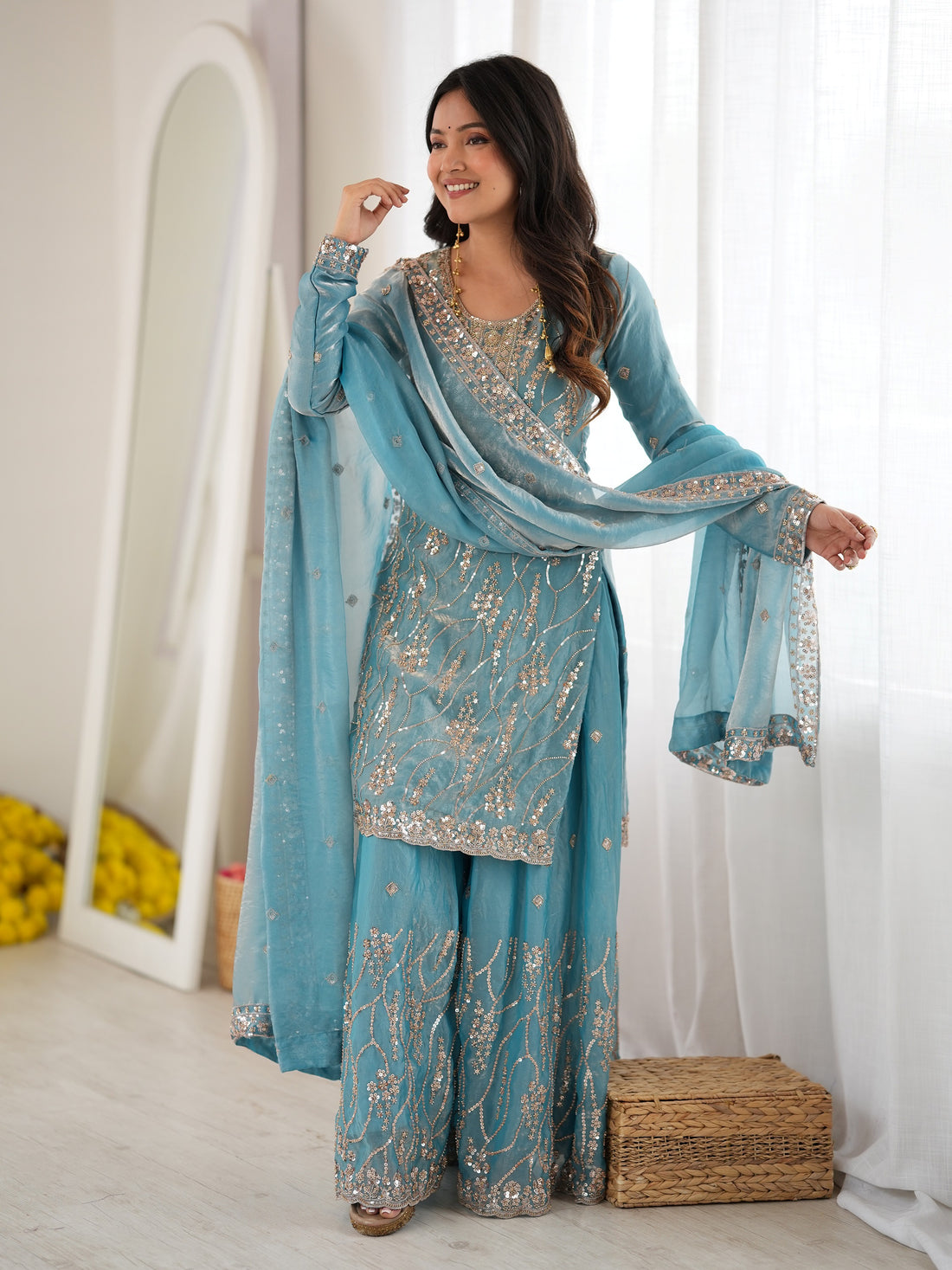 Sparkling Sky Blue Beads Work Silk Festive Wear Sharara Suit
