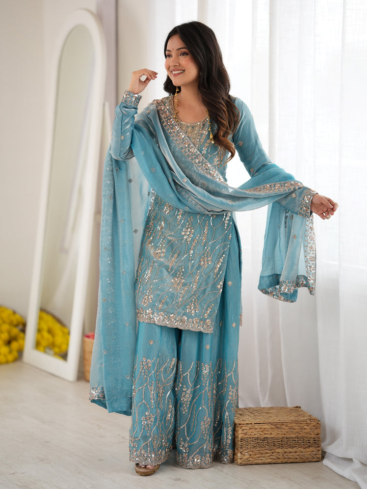 Sparkling Sky Blue Beads Work Silk Festive Wear Sharara Suit