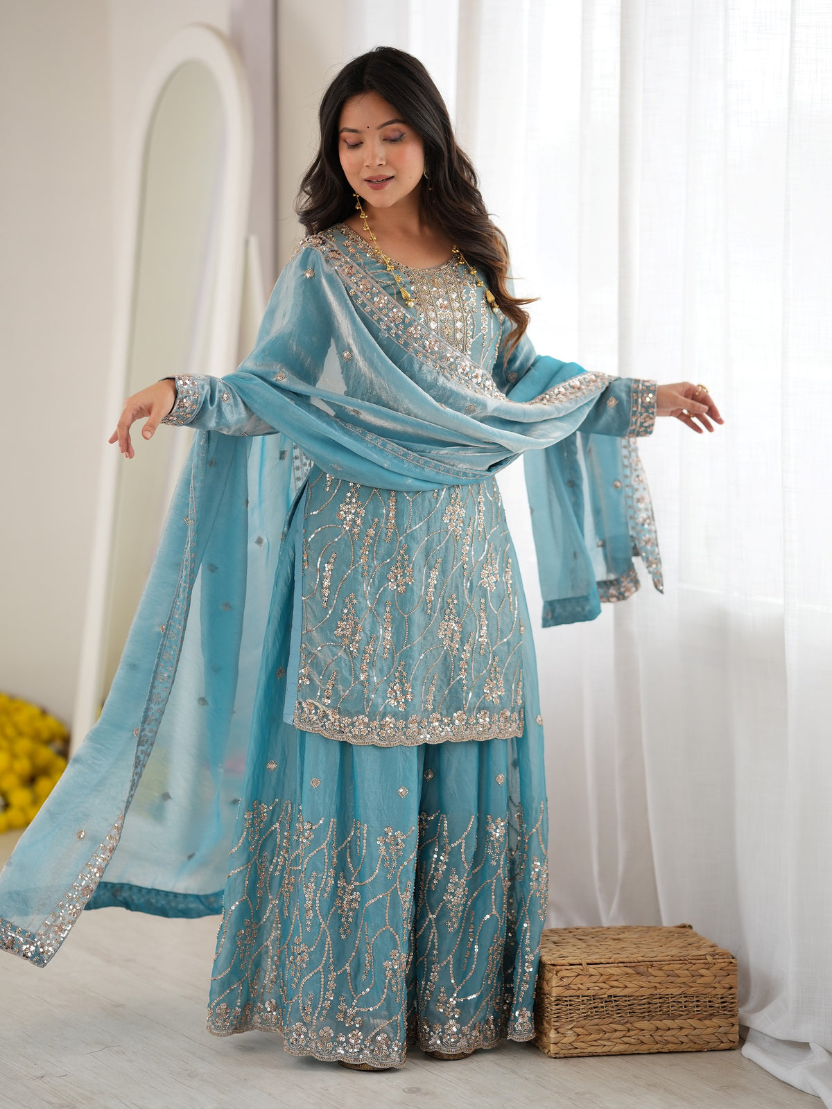 Sparkling Sky Blue Beads Work Silk Festive Wear Sharara Suit