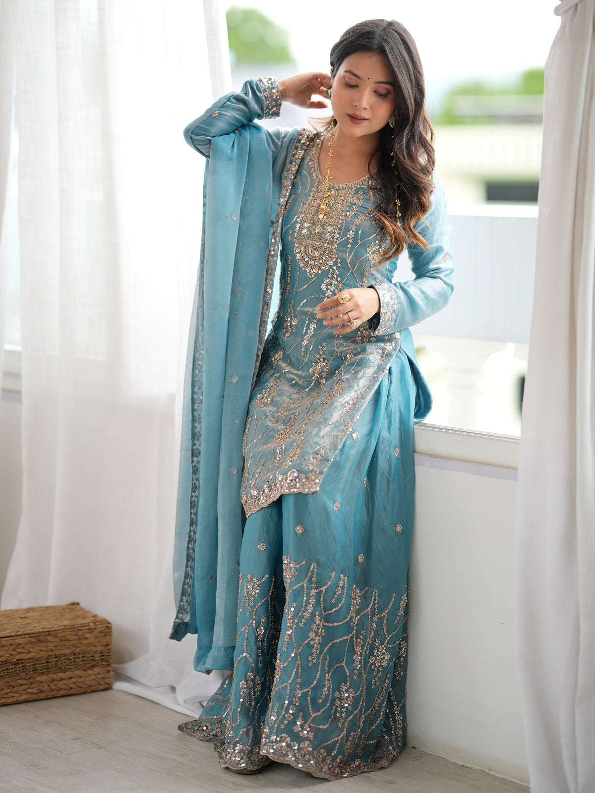 Sparkling Sky Blue Beads Work Silk Festive Wear Sharara Suit