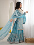 Sparkling Sky Blue Beads Work Silk Festive Wear Sharara Suit