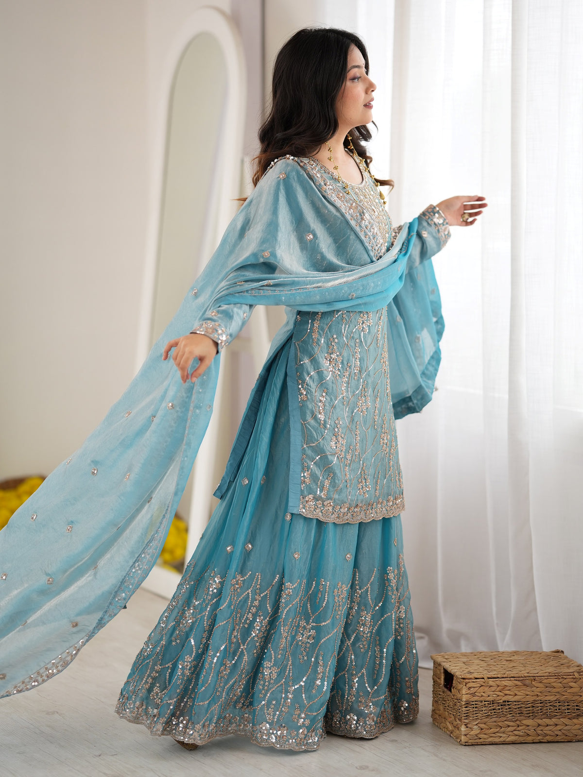 Sparkling Sky Blue Beads Work Silk Festive Wear Sharara Suit