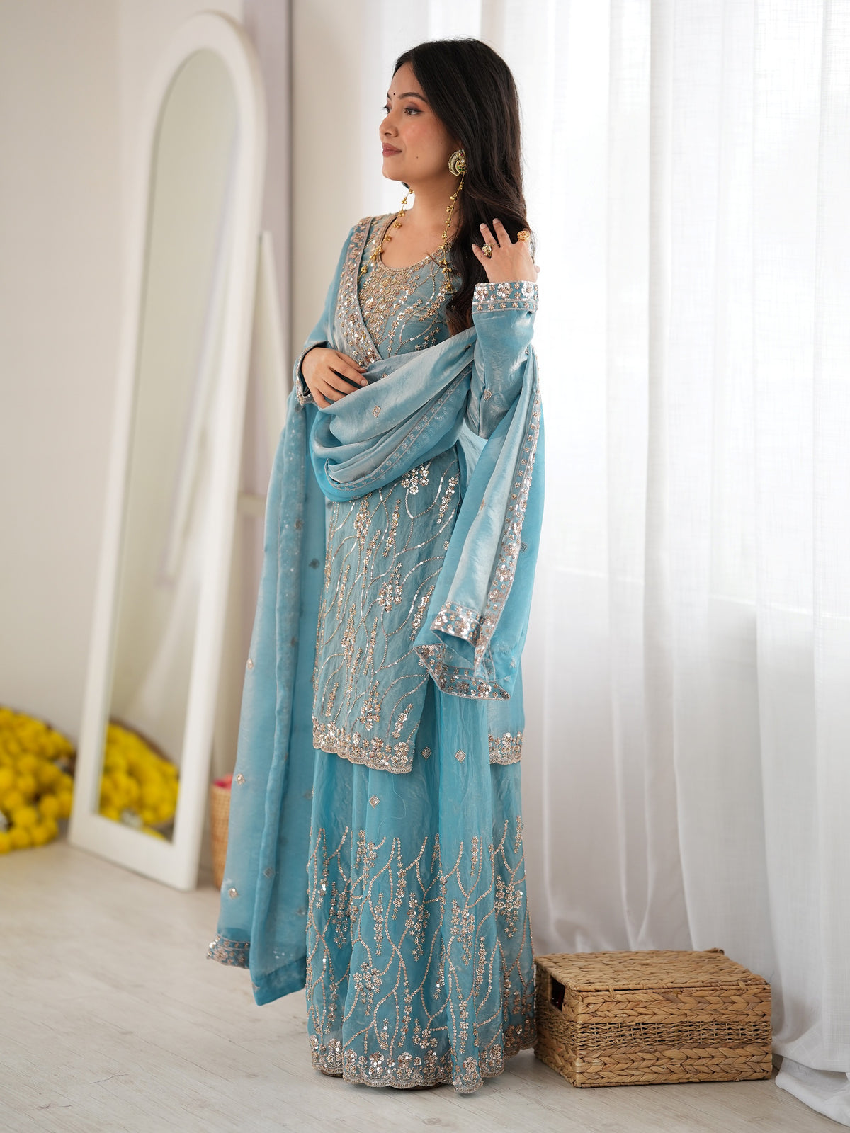 Sparkling Sky Blue Beads Work Silk Festive Wear Sharara Suit