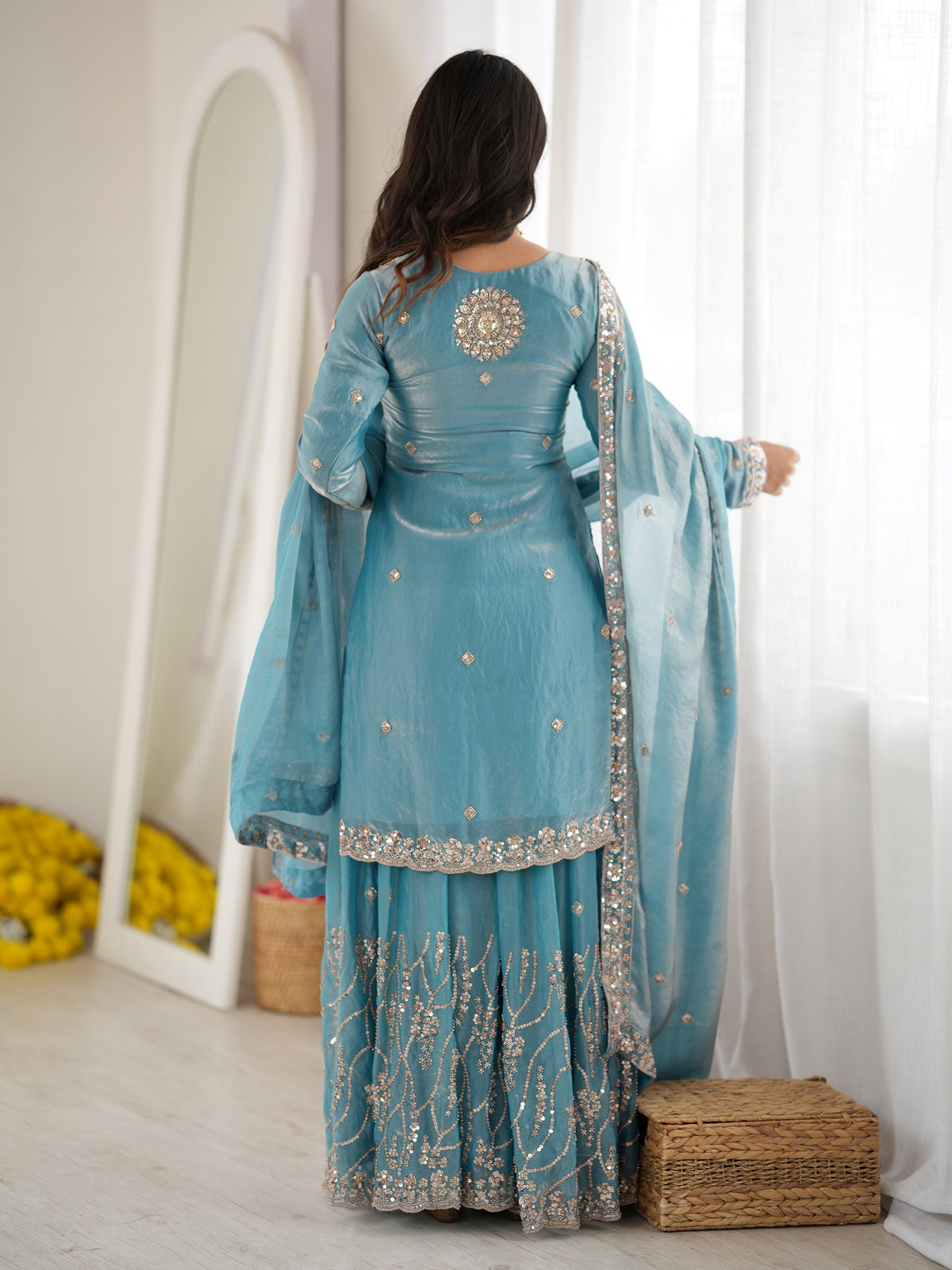 Sparkling Sky Blue Beads Work Silk Festive Wear Sharara Suit