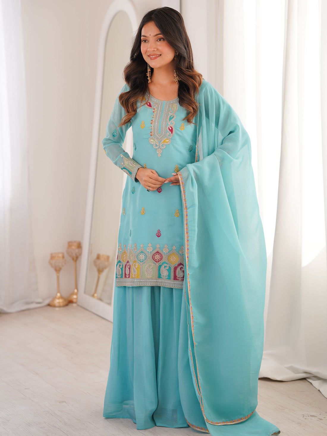Notable Sky Blue Zari Embroidered Function Wear Sharara Suit With Dupatta