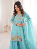 Notable Sky Blue Zari Embroidered Function Wear Sharara Suit With Dupatta