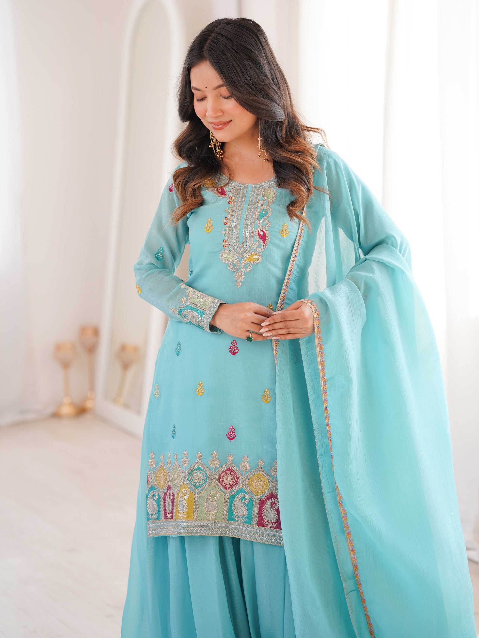 Notable Sky Blue Zari Embroidered Function Wear Sharara Suit With Dupatta