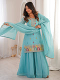 Notable Sky Blue Zari Embroidered Function Wear Sharara Suit With Dupatta