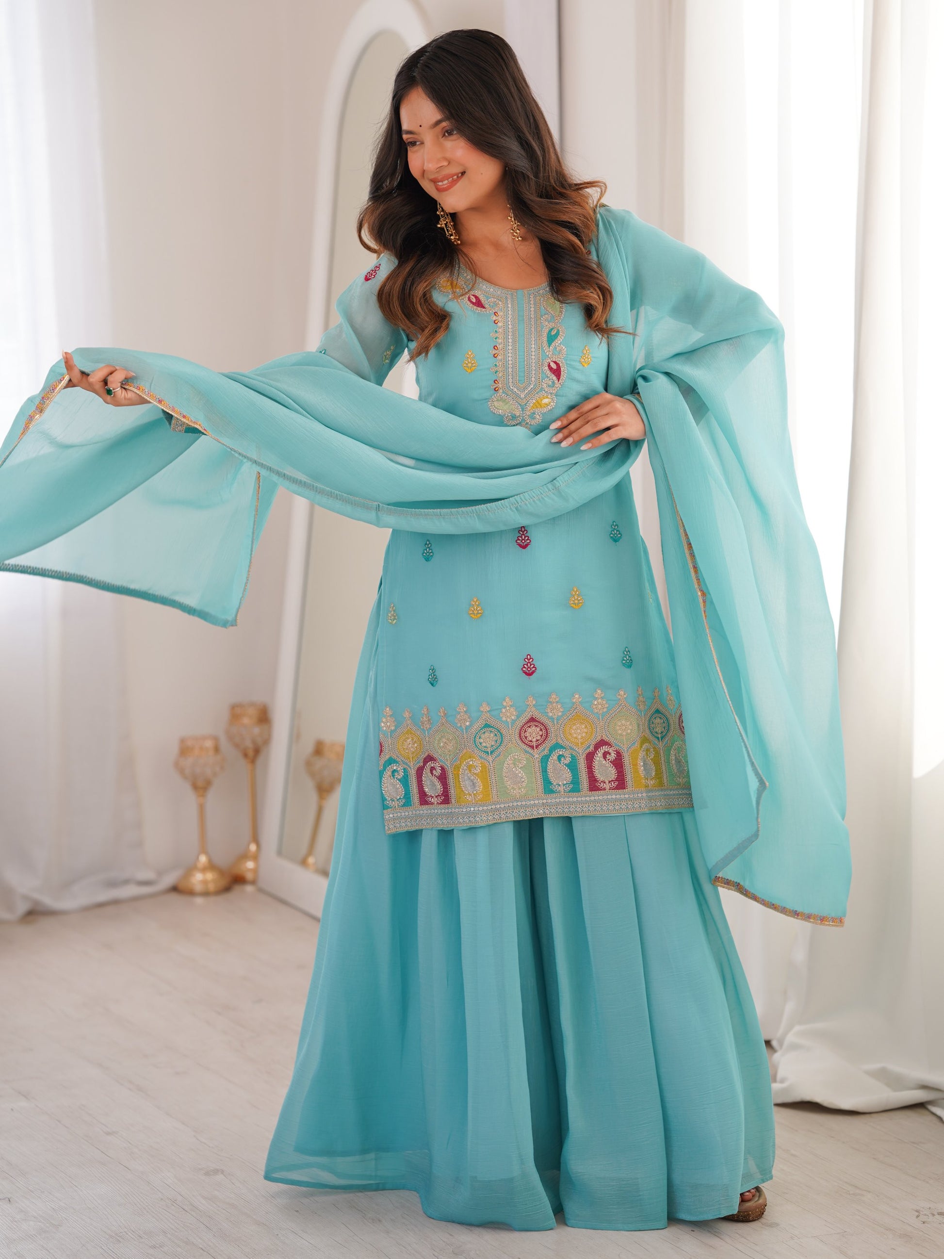 Notable Sky Blue Zari Embroidered Function Wear Sharara Suit With Dupatta